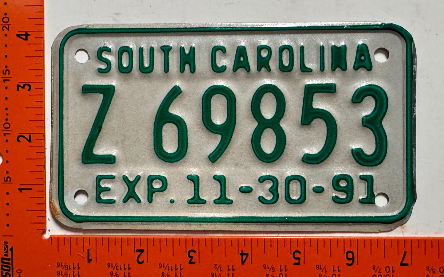 1991 South Carolina #Z 69853 Motorcycle License Plate