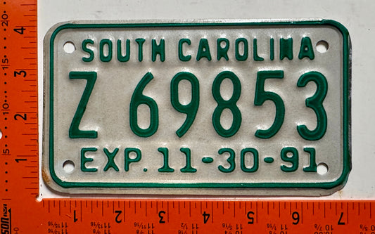 1991 South Carolina #Z 69853 Motorcycle License Plate