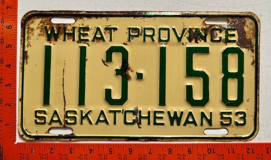 1953 Saskatchewan #113-158 Passenger License Plate