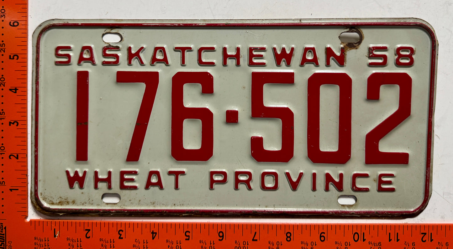 1958 Saskatchewan #176-502 Passenger License Plate