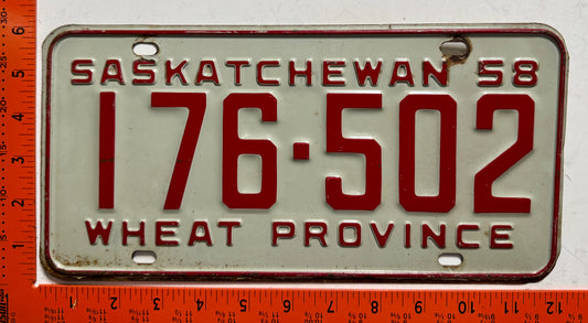 1958 Saskatchewan #176-502 Passenger License Plate