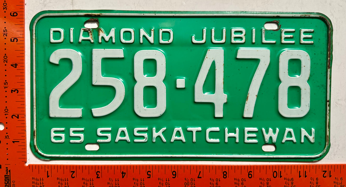 1965 Saskatchewan #258-478 Passenger License Plate