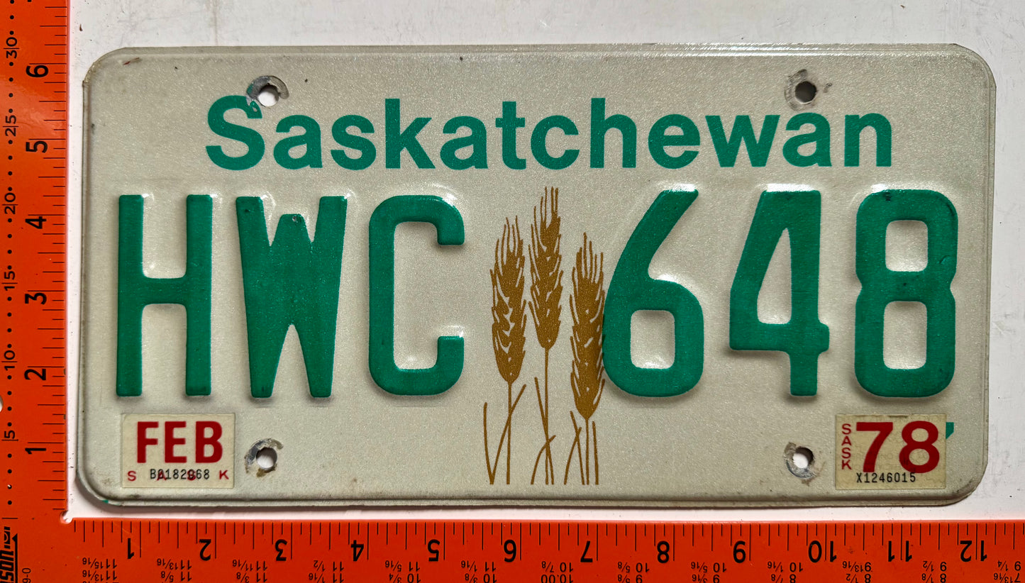 1978 Saskatchewan #HWC 648 Passenger License Plate