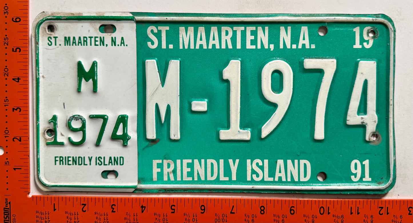 1991 St Maarten #M-1974 Passenger License Plate