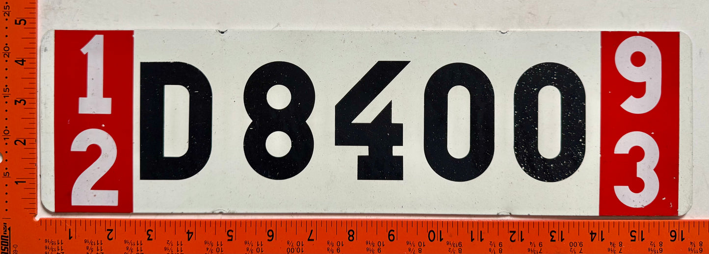 1993 Sweden #D8400 Export License Plate