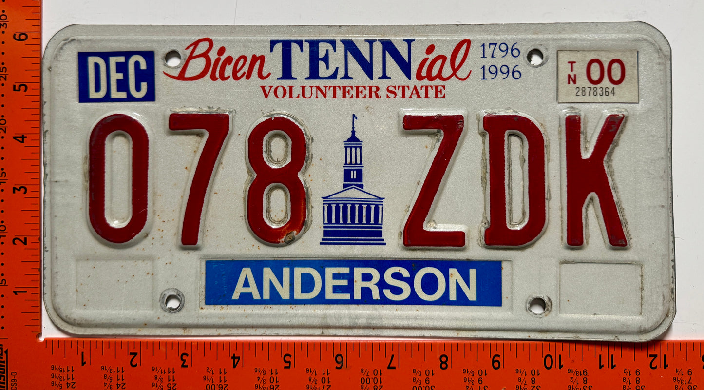 2000 Tennessee #078 ZDK Passenger License Plate
