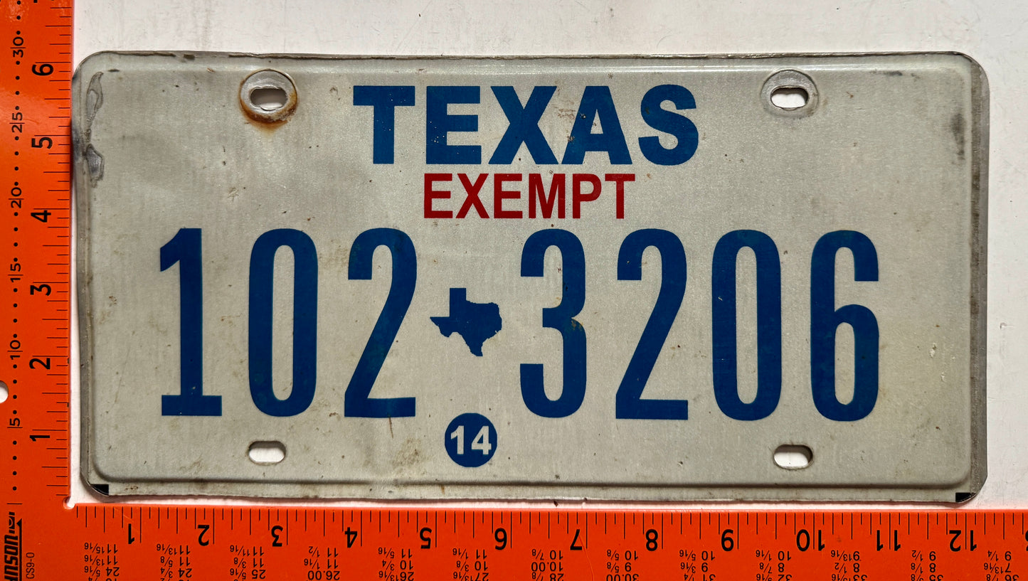 2014 Texas #102 3206 Exempt License Plate