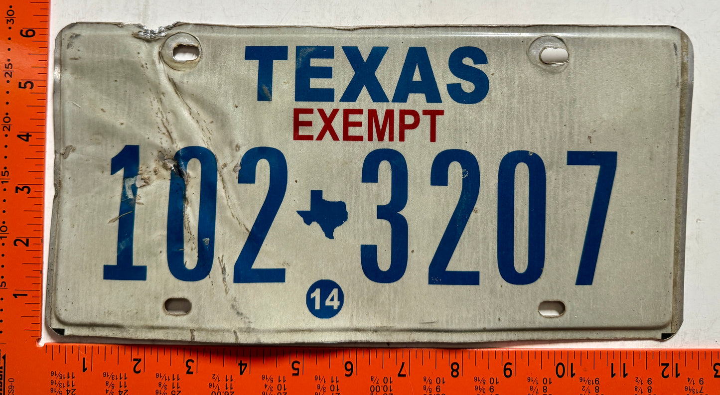 2014 Texas #102 3207 Exempt License Plate