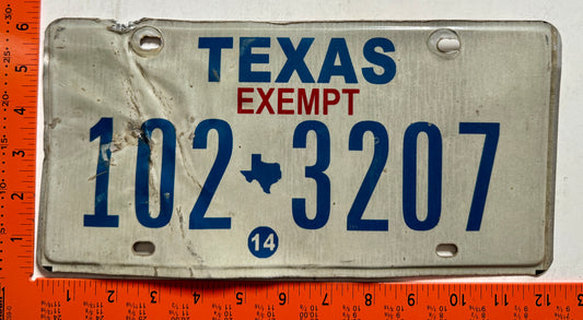 2014 Texas #102 3207 Exempt License Plate