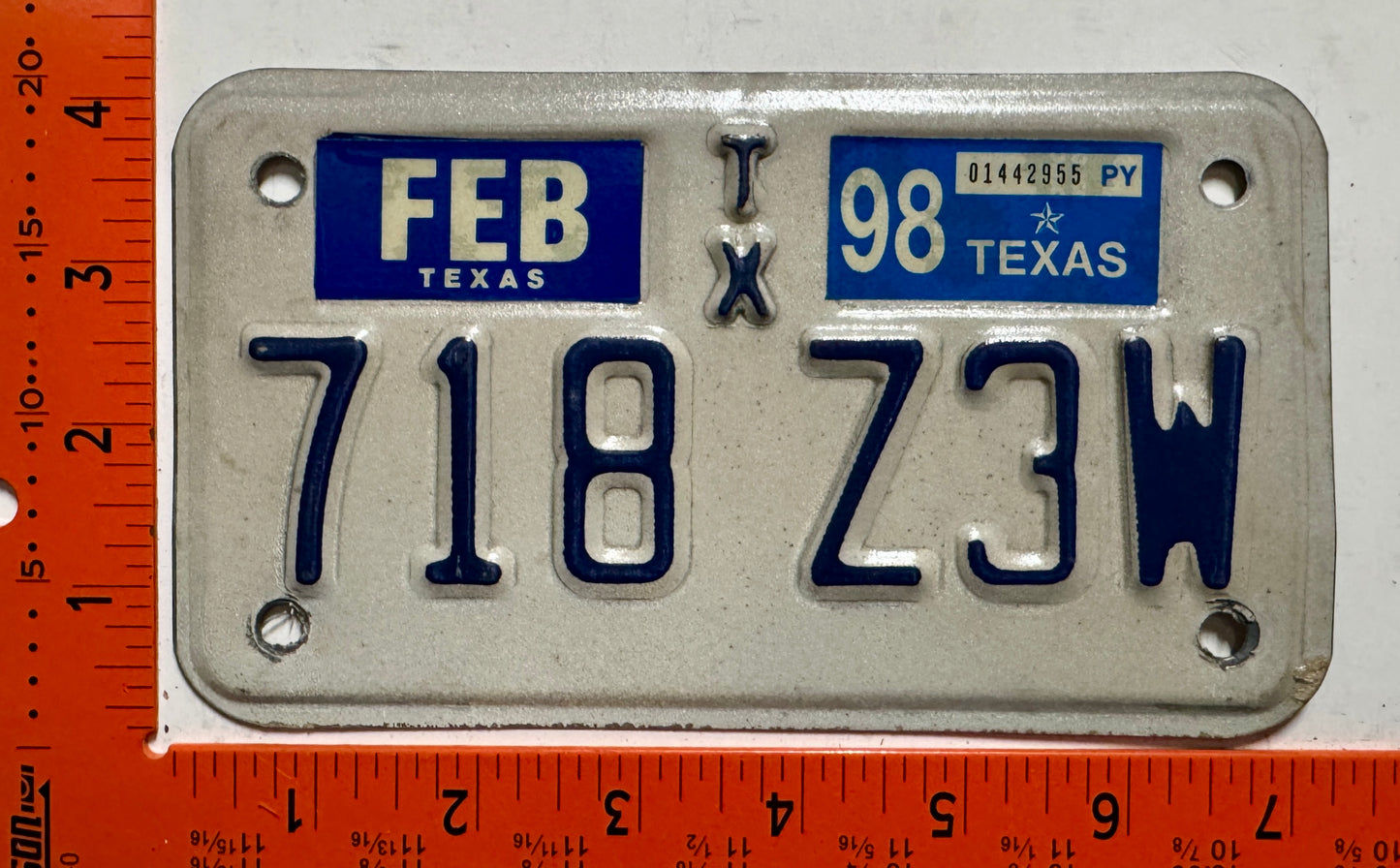 1998 Texas #718 Z3W Motorcycle License Plate