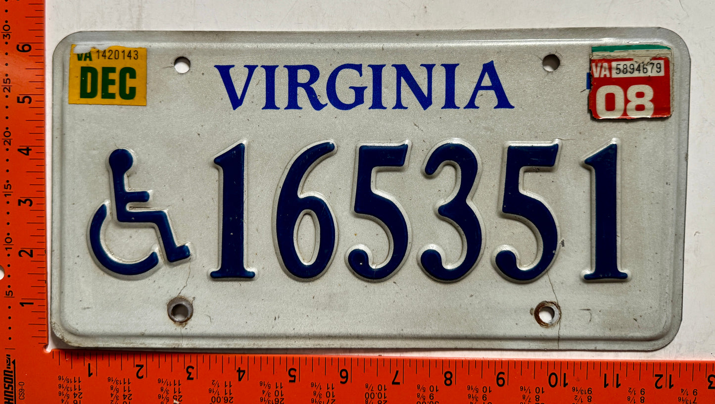 2008 Virginia #165351 Handicapped License Plate