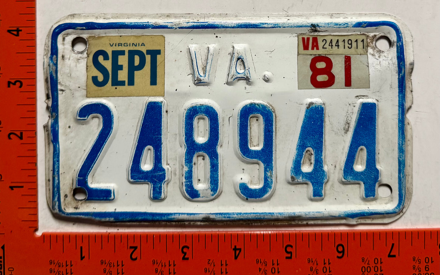 1981 Virginia #248944 Motorcycle License Plate