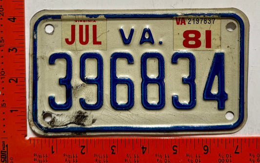 1981 Virginia #396834 Motorcycle License Plate