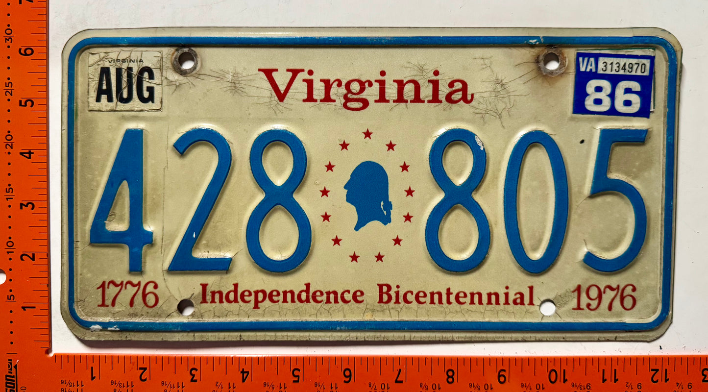 1986 Virginia #428 805 Passenger Bicentennial License Plate