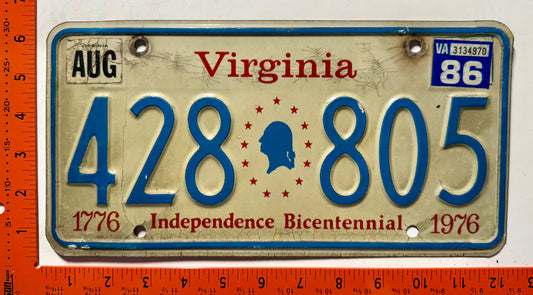 1986 Virginia #428 805 Passenger Bicentennial License Plate