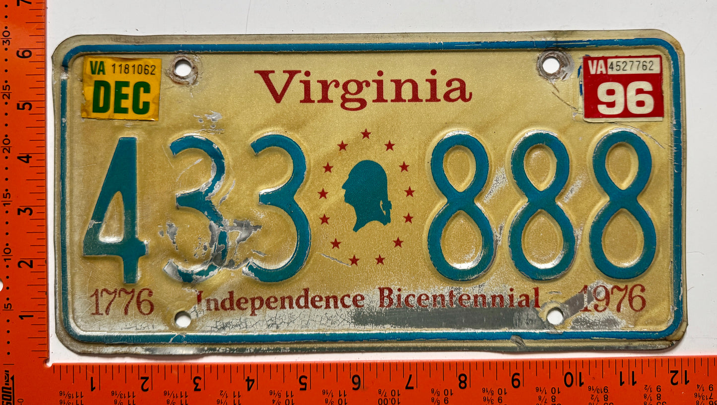 1996 Virginia #433 888 Passenger Bicentennial License Plate