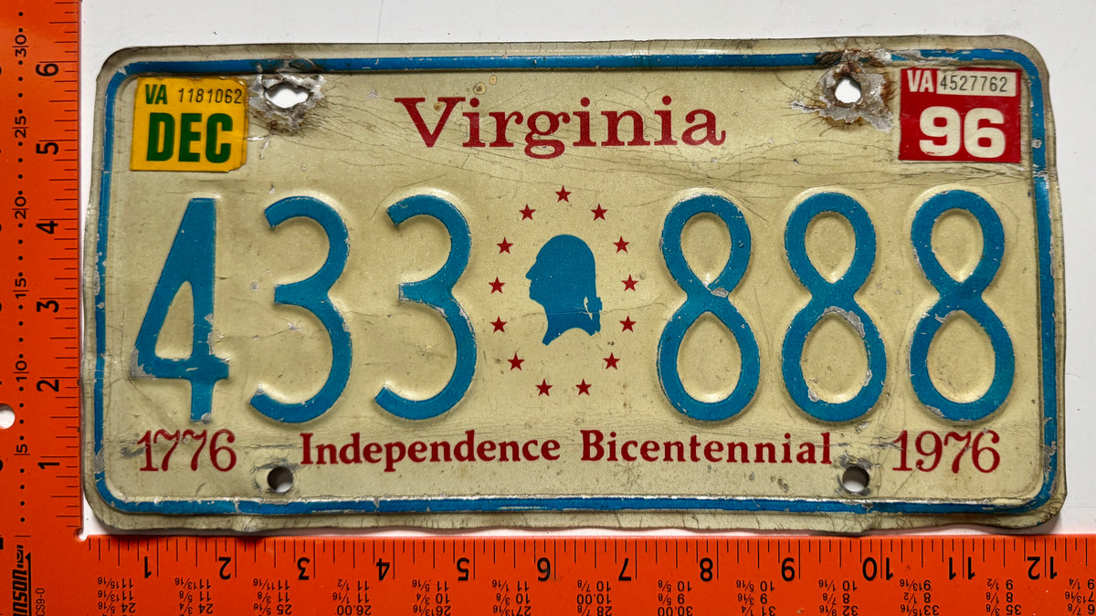 1996 Virginia #433 888 Passenger Bicentennial License Plate