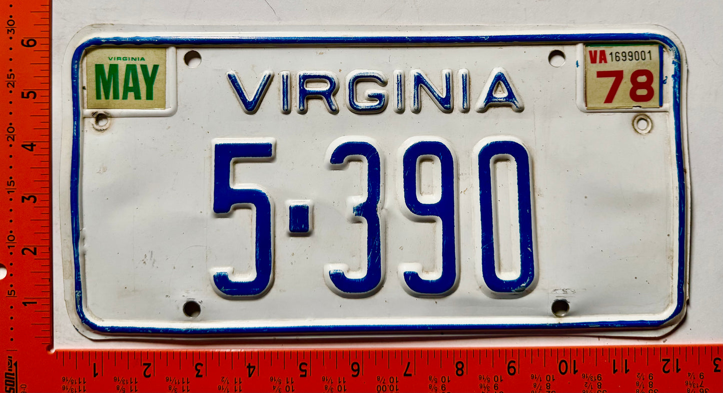1978 Virginia #5-390 Passenger License Plate