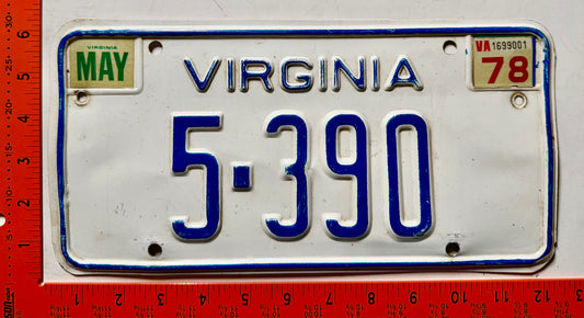 1978 Virginia #5-390 Passenger License Plate