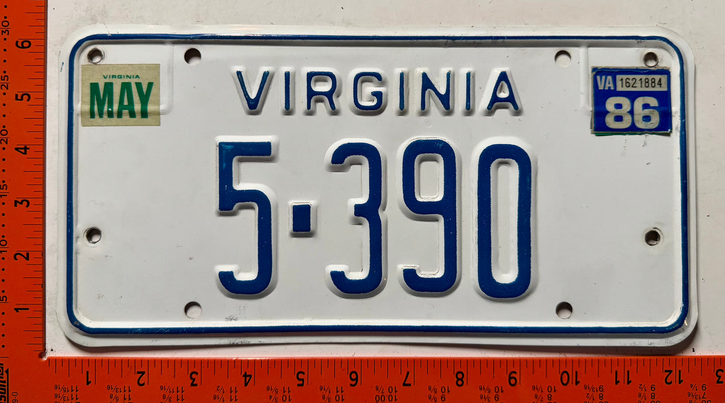 1986 Virginia #5-390 Passenger License Plate