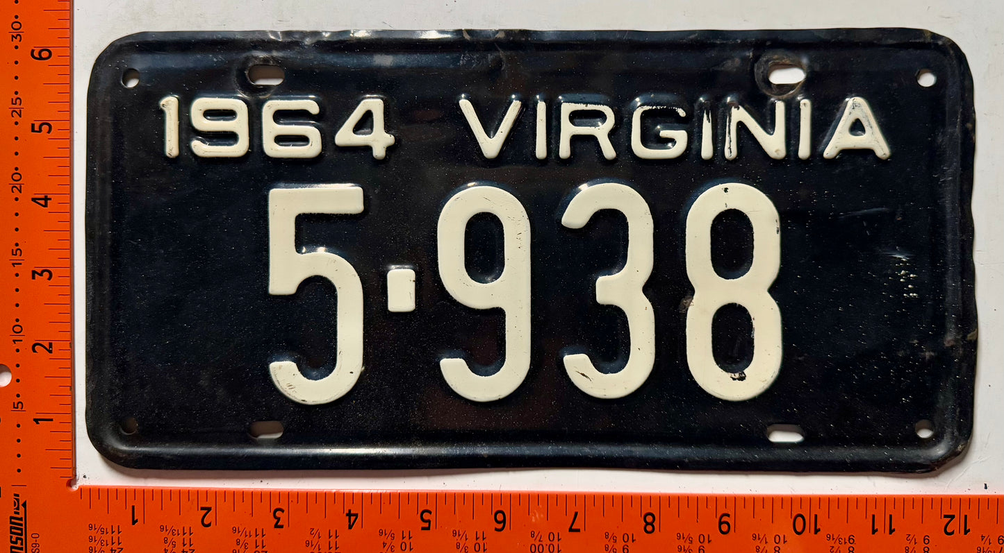 1964 Virginia #5-938 Passenger License Plate