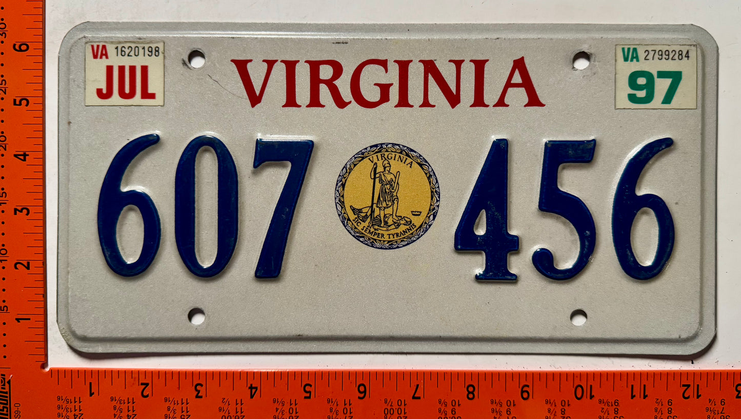 1997 Virginia #607 456 Great Seal Optional License Plate