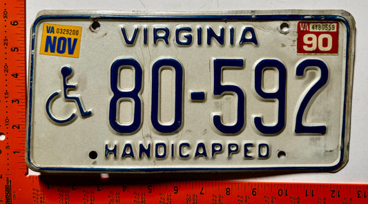 1990 Virginia #80-592 Handicapped License Plate