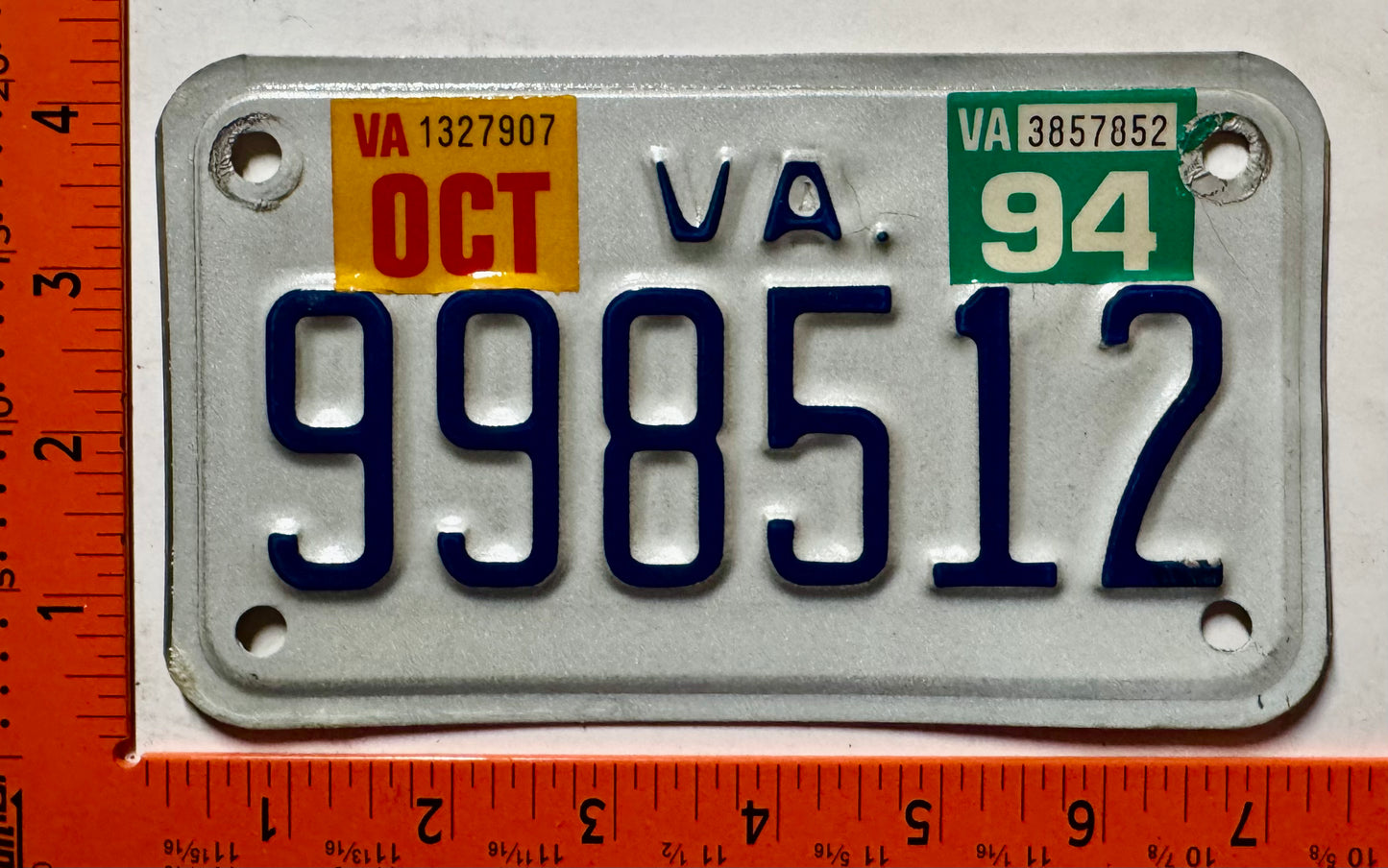 1994 Virginia #998512 Motorcycle License Plate
