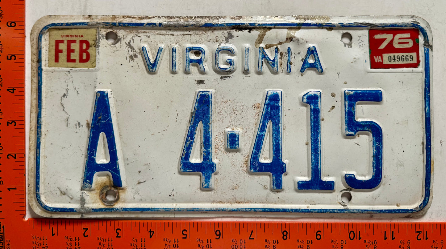1976 Virginia #A 4-415 Passenger License Plate (Crafter)