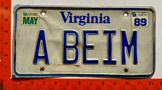 1989 Virginia #A BEIM Passenger Vanity License Plate