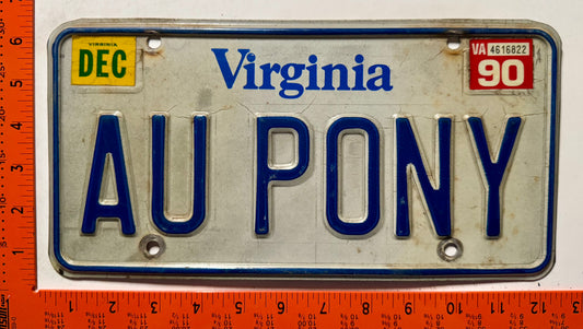 1990 Virginia #AU PONY Passenger Vanity License Plate