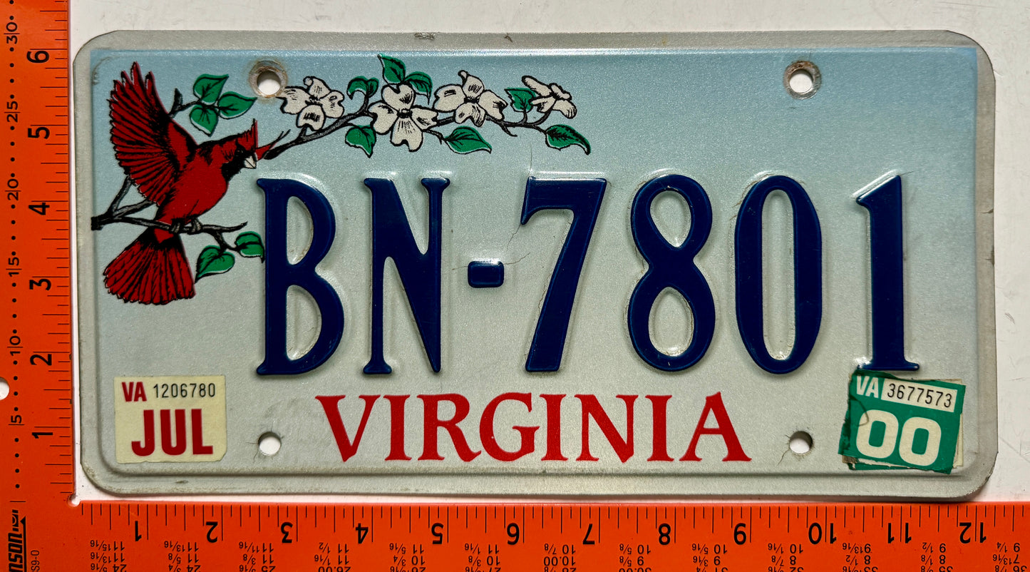 2000 Virginia #BN-7801 Cardinal Passenger License Plate