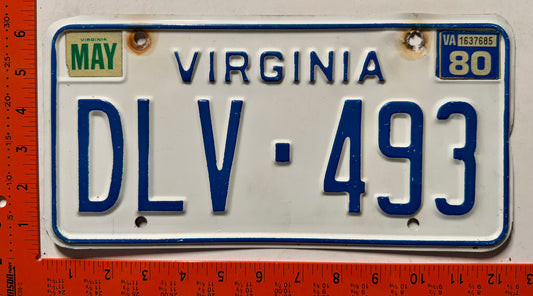 1980 Virginia #DLV-493 Passenger License Plate