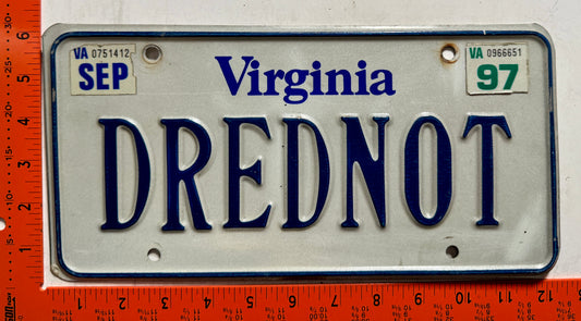 1997 Virginia #DREDNOT Passenger Vanity License Plate