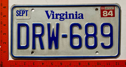 1984 Virginia #DRW-689 Passenger License Plate