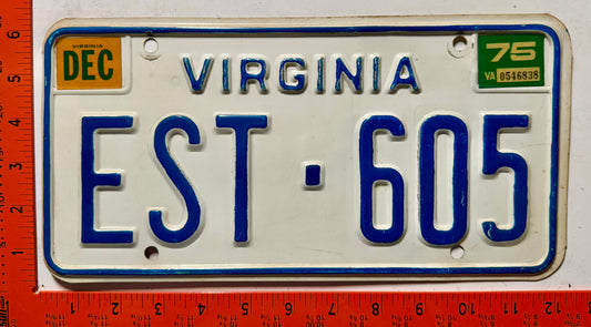 1975 Virginia #EST-605 Passenger License Plate