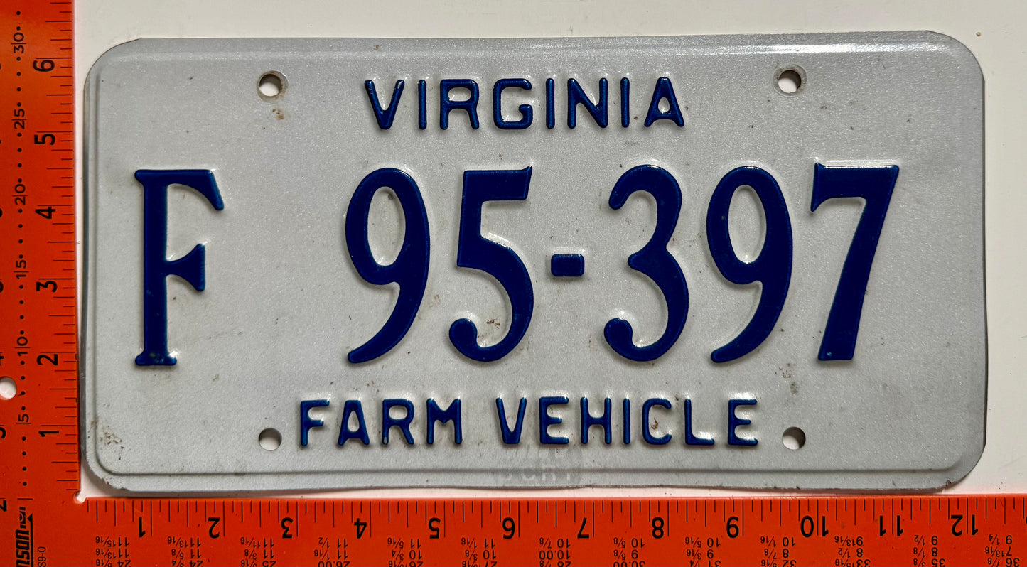 undated Virginia #F 95-397 Farm Vehicle License Plate