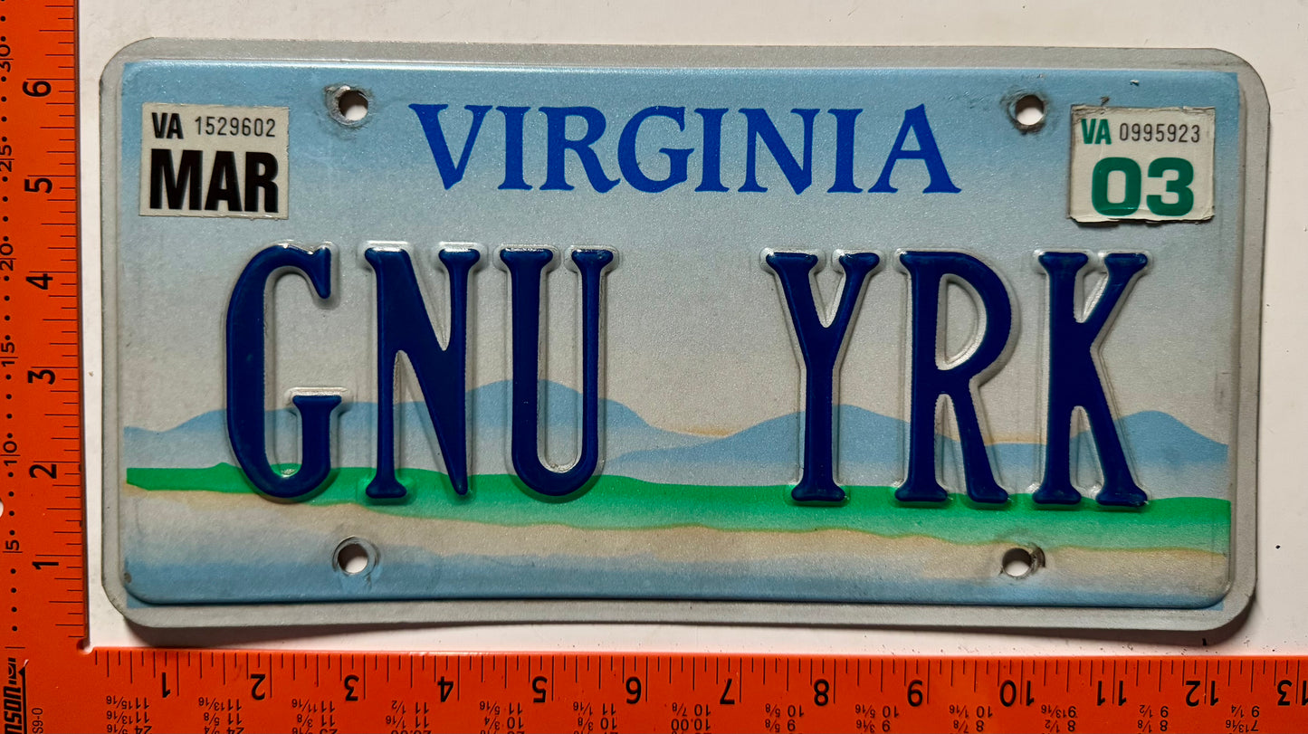 2003 Virginia #GNU YRK Scenic Optional Vanity License Plate
