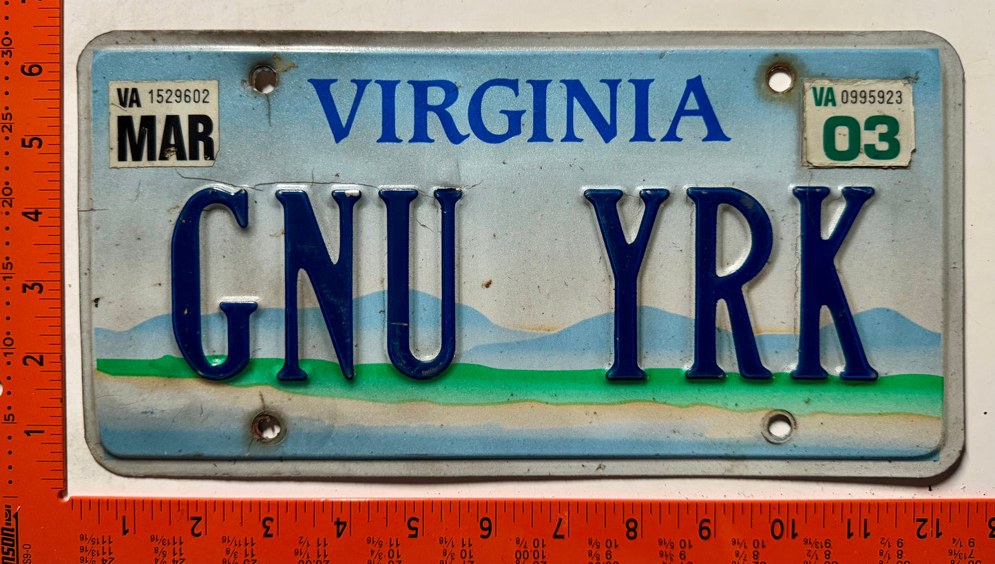 2003 Virginia #GNU YRK Scenic Optional Vanity License Plate