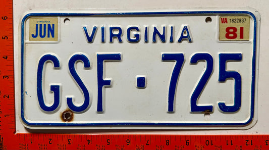 1981 Virginia #GSF-725 Passenger License Plate