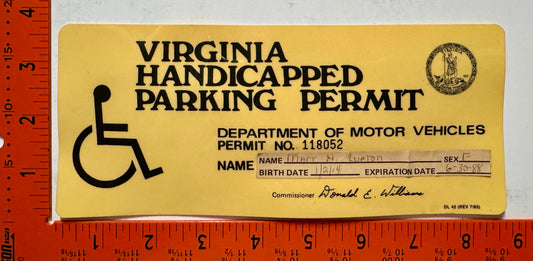 1988 Virginia Handicapped Parking Permit