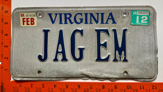 2012 Virginia #JAG EM Passenger Vanity License Plate