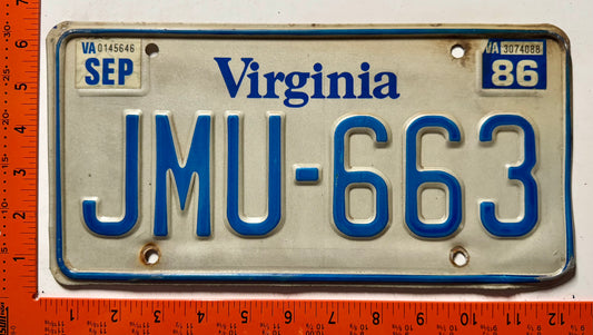 1986 Virginia #JMU-663 Passenger License Plate