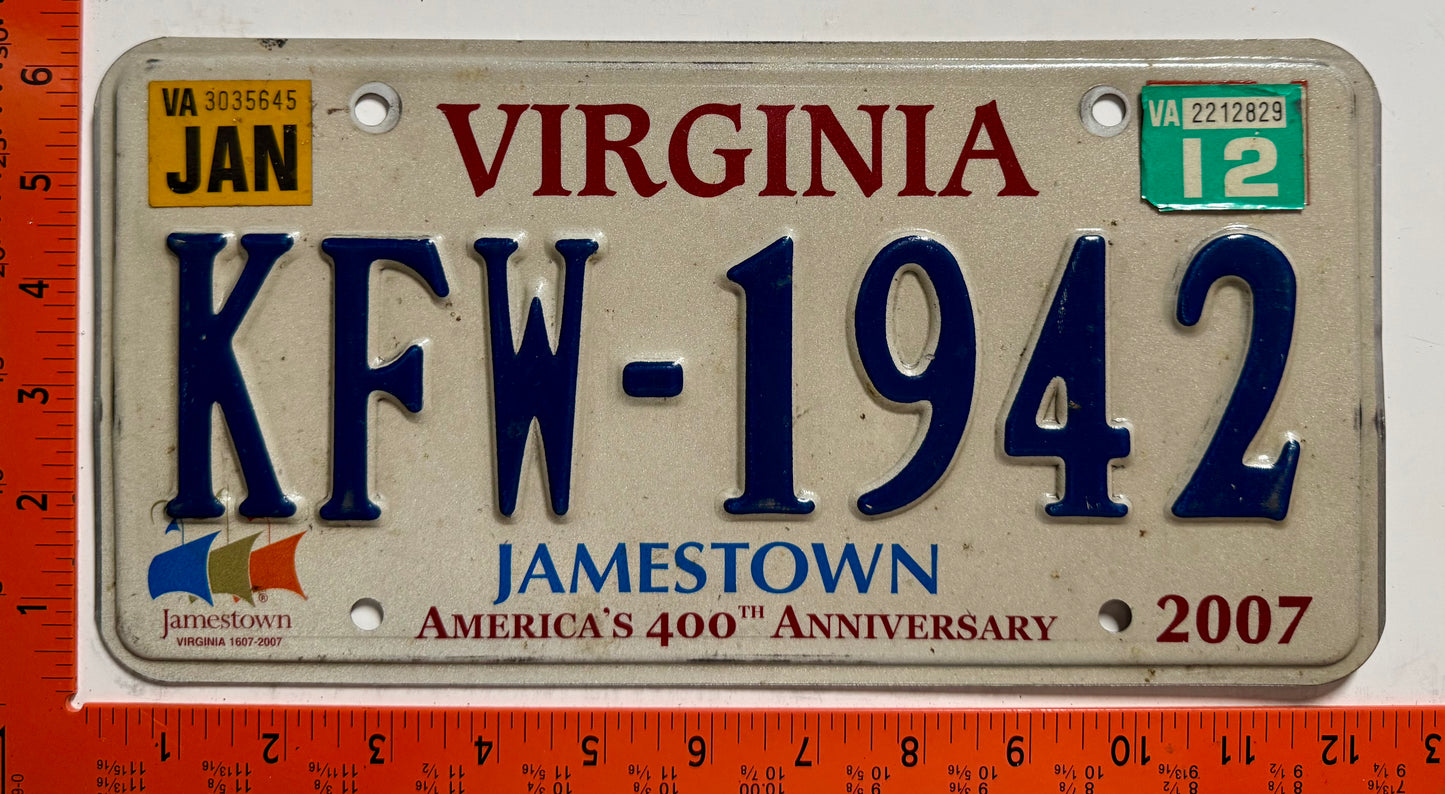 2012 Virginia #KFW-1942 Passenger License Plate