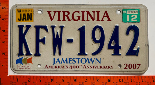 2012 Virginia #KFW-1942 Passenger License Plate