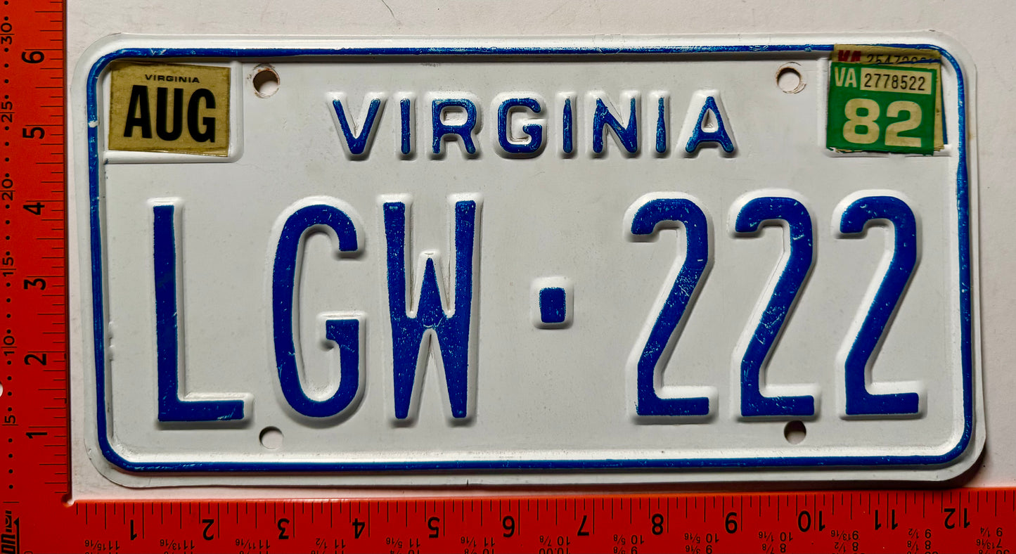 1982 Virginia #LGW-222 Passenger License Plate