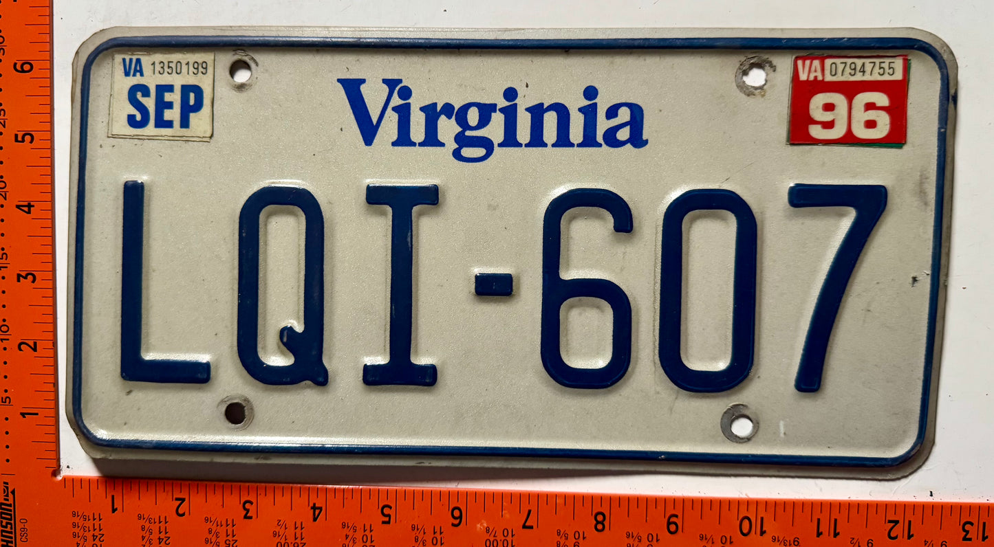 1996 Virginia #LQI-607 Passenger License Plate