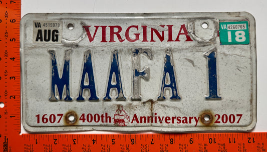 2018 Virginia #MAAFA 1 Passenger Vanity License Plate (Crafter)