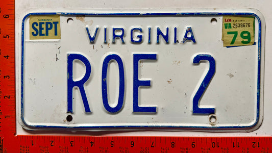 1979 Virginia #ROE 2 Passenger Vanity License Plate