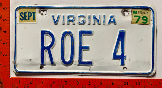 1979 Virginia #ROE 4 Passenger Vanity License Plate